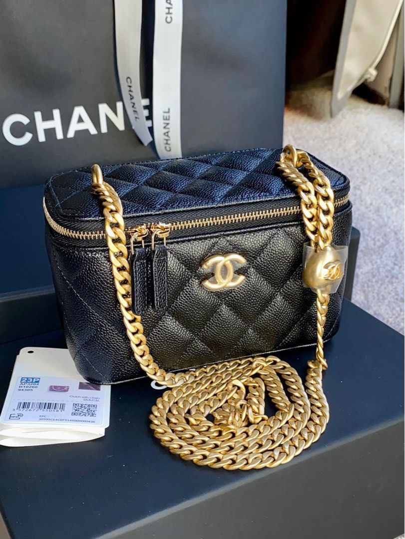 New Chanel 23P Black Vanity Case Caviar Leather Heart Crush Gold