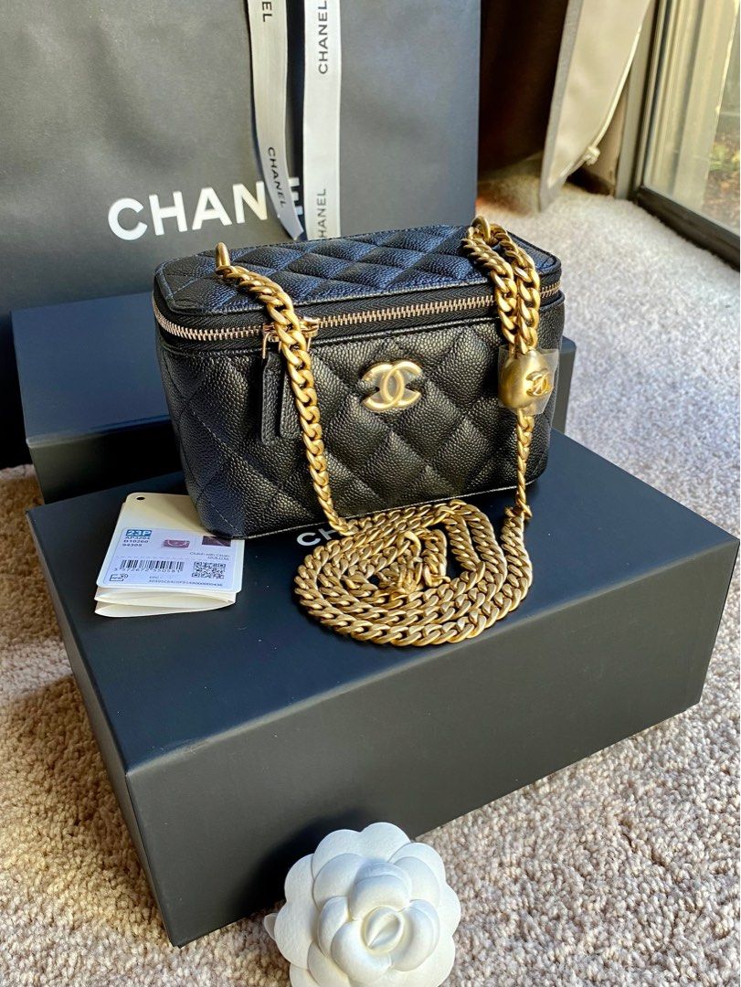 New Chanel 23P Black Vanity Case Caviar Leather Heart Crush Gold