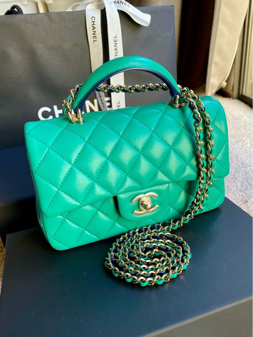 New Chanel 23P Mini Top Handle Classic Flap Retangular Emerald Green Navy Blue  Lambskin Bag chain crossbody light gold hardware, Luxury, Bags & Wallets on  Carousell