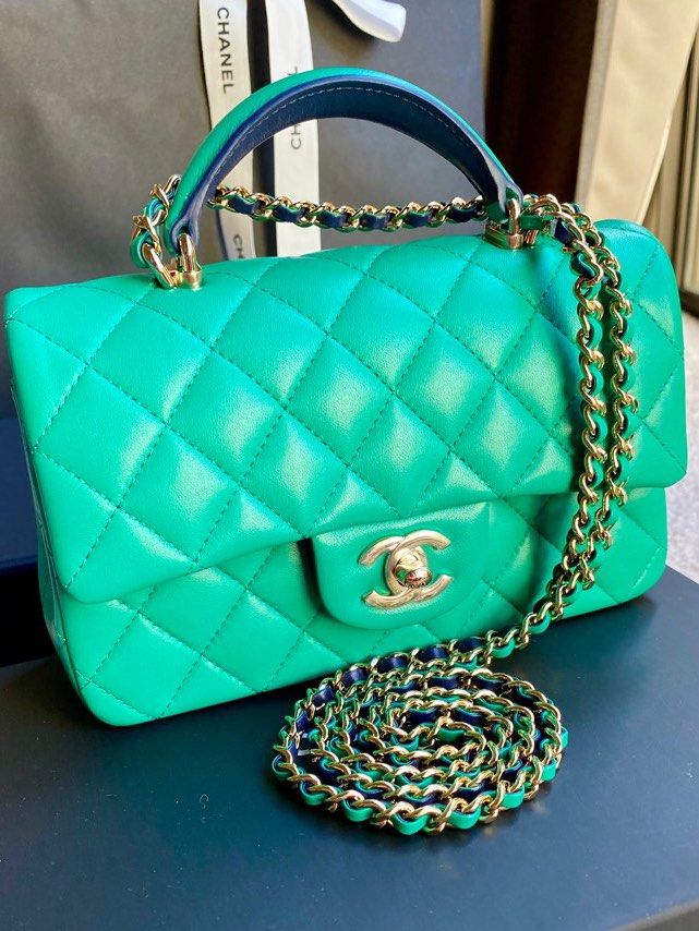 New Chanel 23P Mini Top Handle Classic Flap Retangular Emerald Green Navy  Blue Lambskin Bag chain crossbody light gold hardware, Luxury, Bags &  Wallets on Carousell