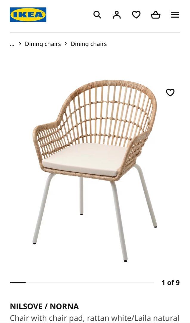IKEA NILSOVE / NORNA chair with chair pad, rattan white (2 pieces