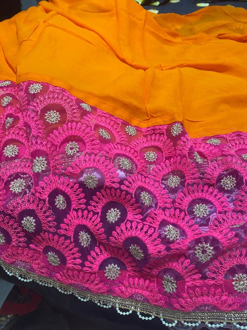 Papaya Color saree in pure with net lace embrodery on border