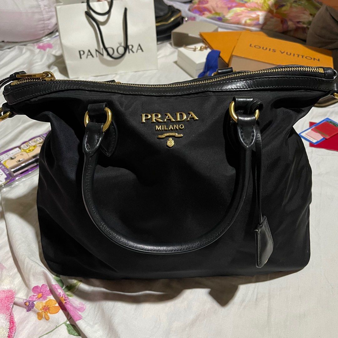 Prada nylon tote bag with leather trim sale