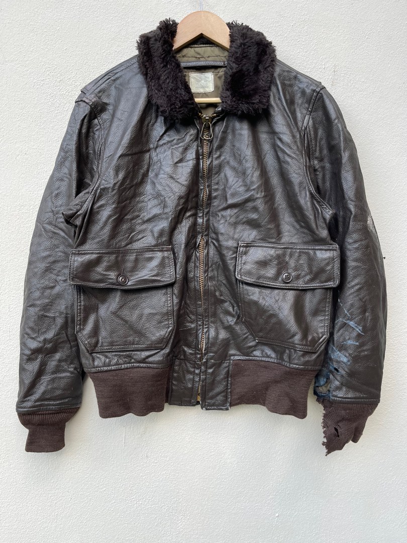 Men's Vintage USN G-1 Leather Bomber Jacket - Medium