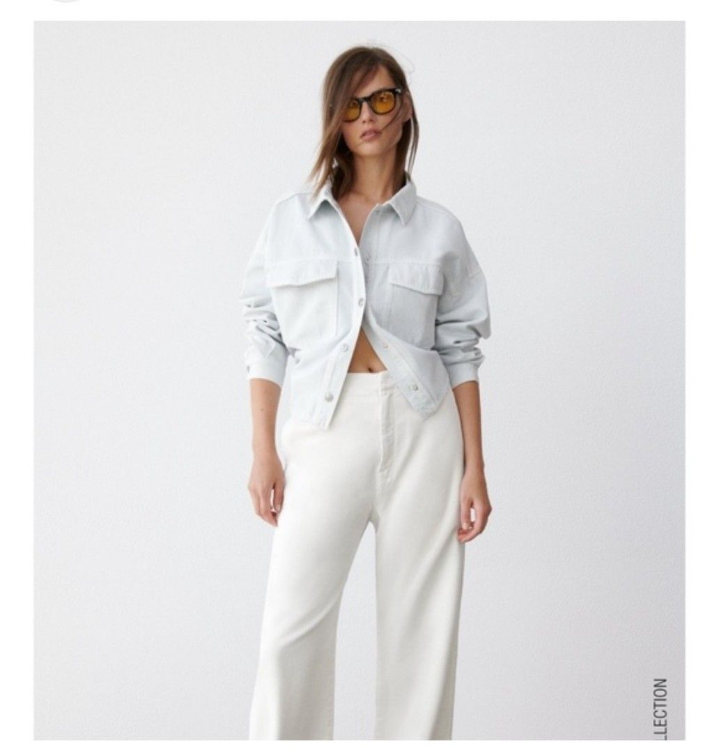 ZARA acid wash semi cropped oversized jacket, Women's Fashion, Coats