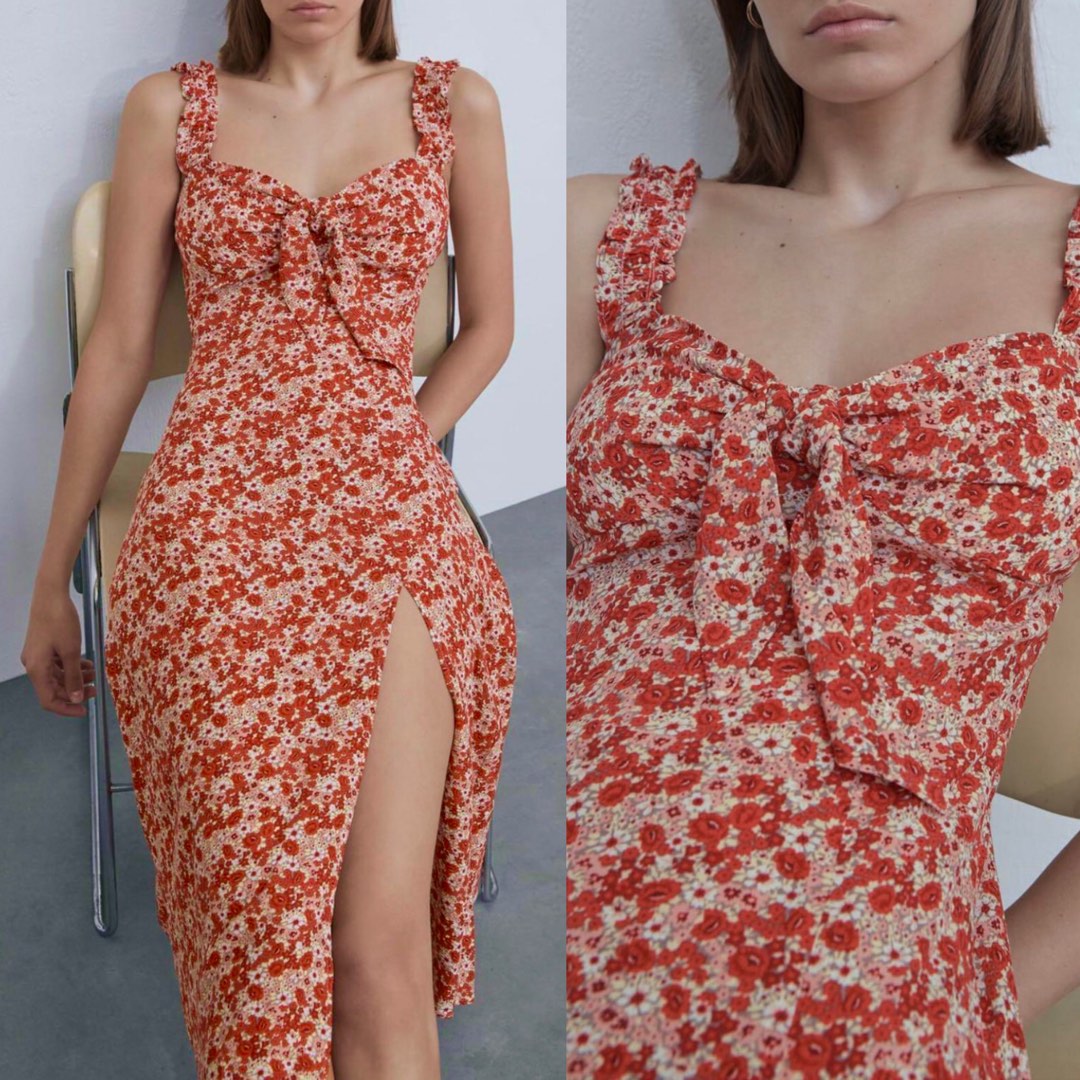 ZARA FLORAL RED BUSTIER MIDI DRESS WITH SLIT on Carousell