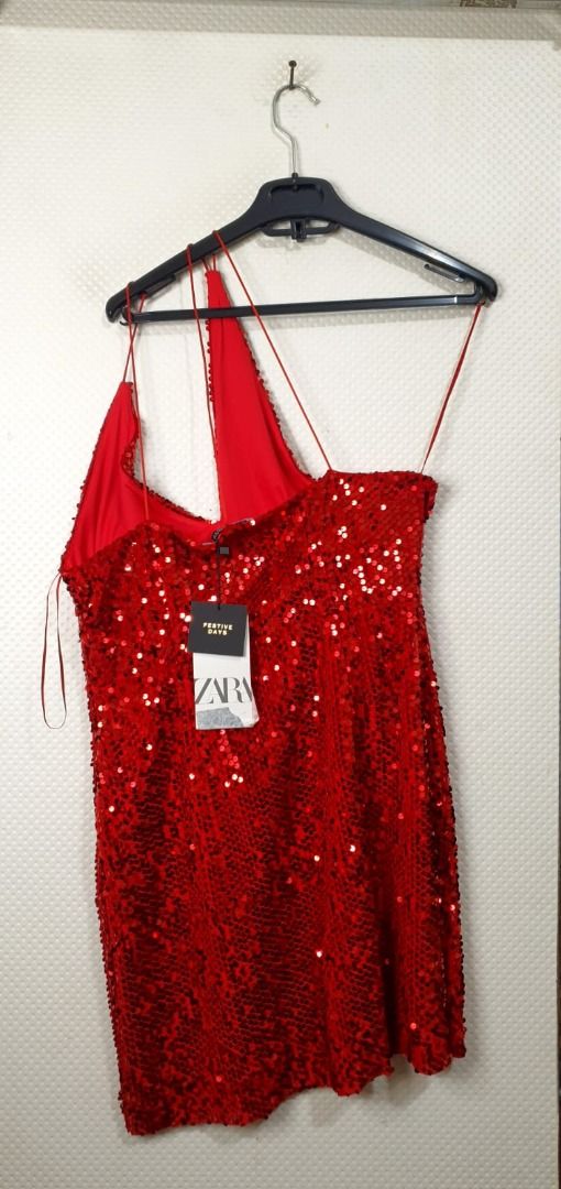 ZARA RED VELVET SEQUIN DRESS, Fesyen Wanita, Pakaian Wanita, Gaun & Rok