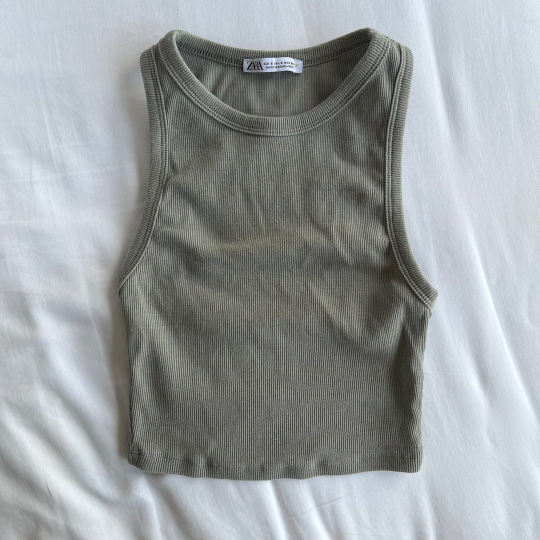 Zara Sage Green Crop Racer Ribbed Tank Top, Women's Fashion, Tops