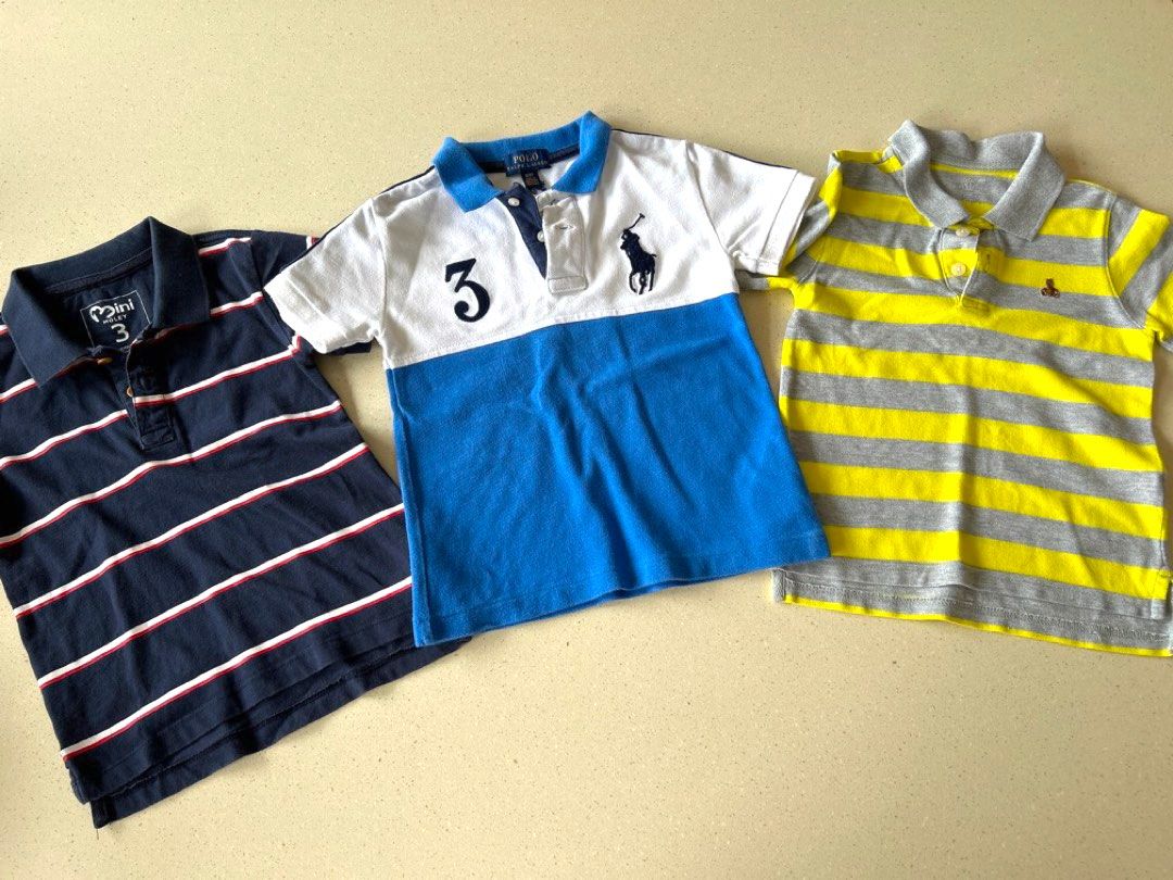 100% Authentic Ralph Lauren Polo Tee Collared Shirt with Signature Logo and  No 3, baby GAP signature teddy bear Yellow Grey Stripe Shirt, Moley Mini Navy  Blue Red White Stripe Shirt, Babies