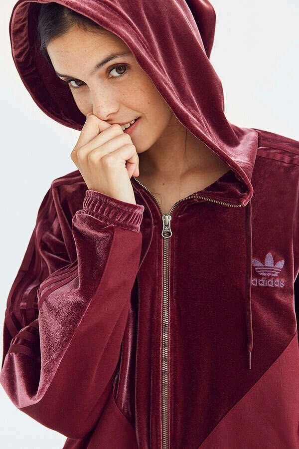 ADIDAS ORIGINALS MAROON VELVET ZIP UP HOODIE
