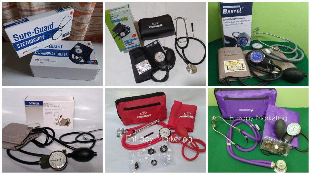 Aneroid BP Sphygmomanometer with stethoscope starts at (Category: Health Monitors & Weighing Scales) located in Marikina City. Submitted by entropymarketing (Listing ID 238506516, Image 1). Description: Entropy Marketing sells Medical Supplies Price: Aneroid BP with stethoscope Brandnew Sureguard 900 Primacare US brand 1895 Baxtel 2395 Omron Self taking 2795 Lumiscope with sprague rappaport stethoscope 2395 We also sell Welch allyn BP Wall-Desk T