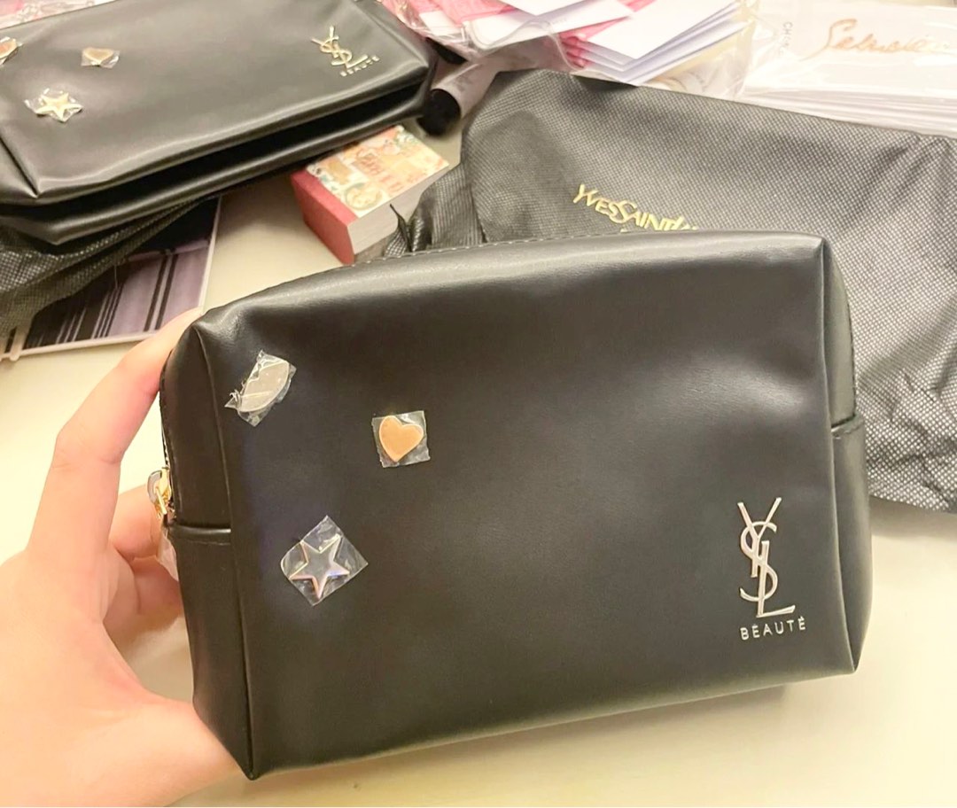 AUTHENTIC NEW Ysl black trousse studs studded medium size makeup bag