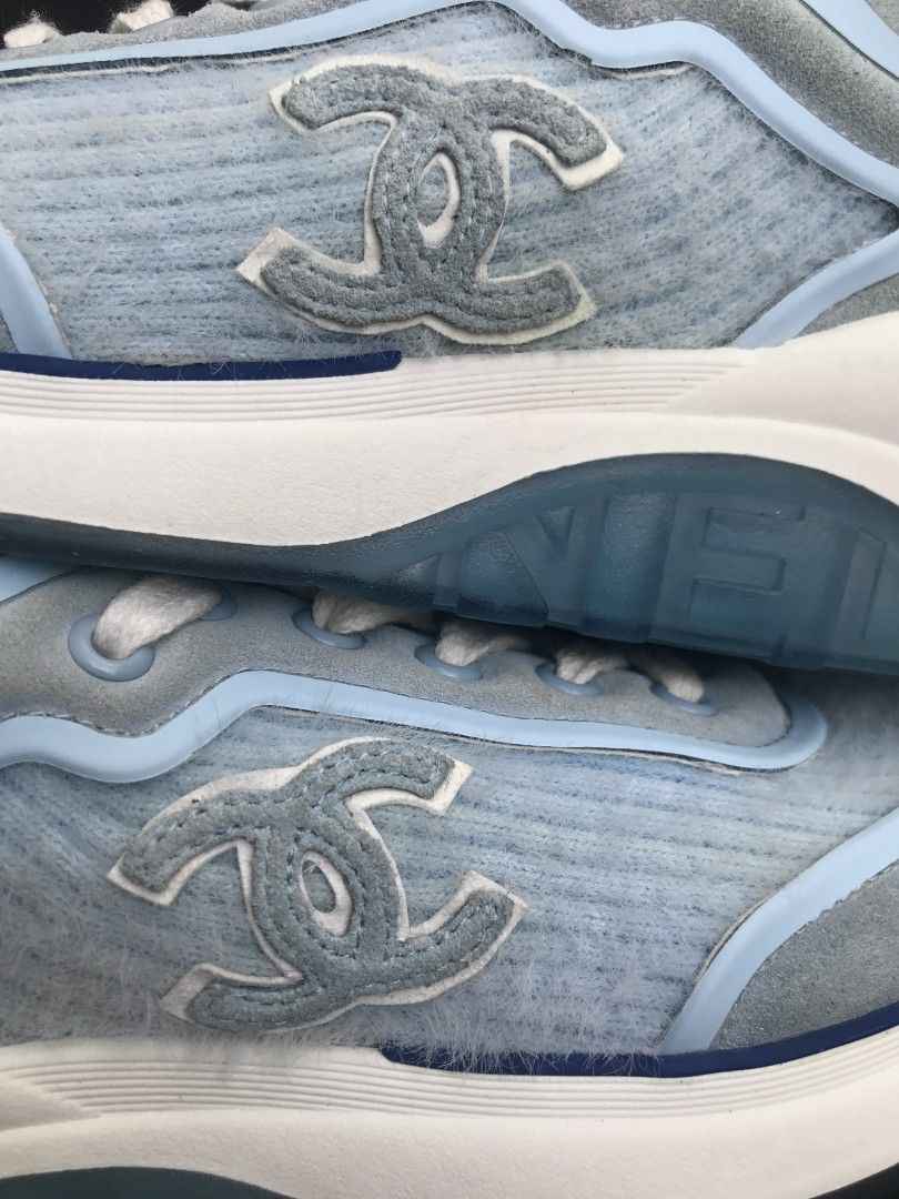 Chanel Women's CC Sneakers Fabric and Leather Blue, Women's Fashion,  Footwear, Sneakers on Carousell