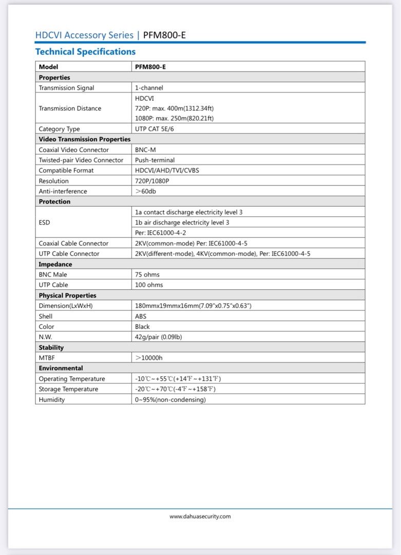 Dahua PFM800-E HDCVI Video Balun 1080P@250m CCTV Connector RJ45 to ...