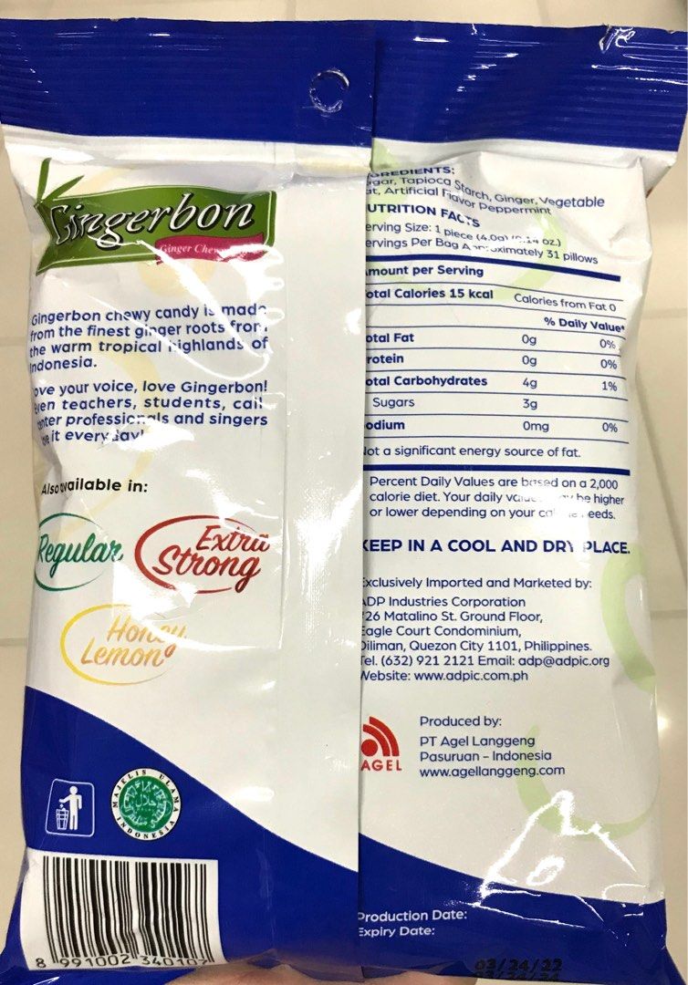 Gingerbon Peppermint Ginger Chewy Candy 125, Food & Drinks, Packaged