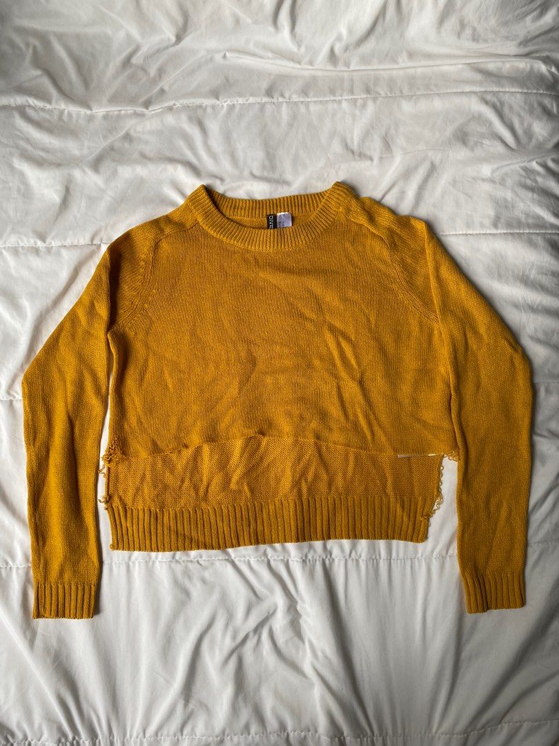 H M Yellow Distressed Knitted Sweater
