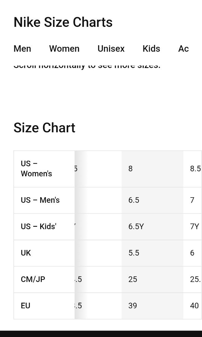 Nike air top rift size chart