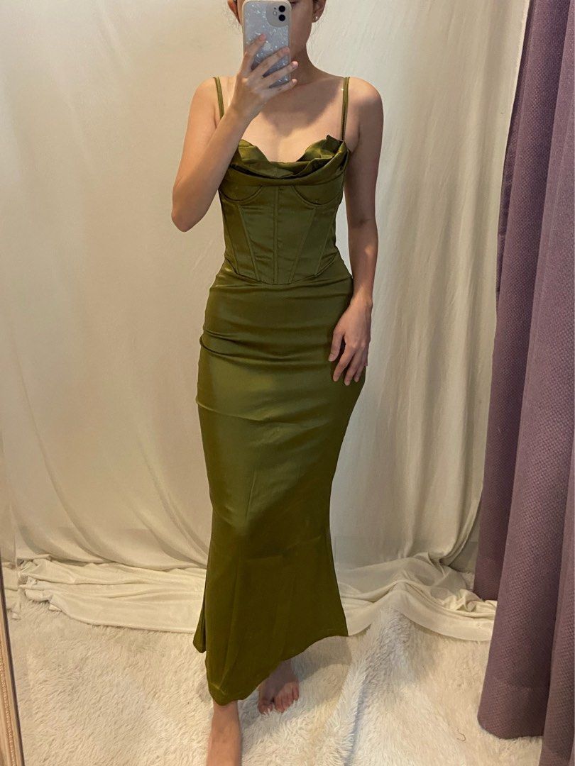 Olive Green Satin corset evening dress - XS/S (slight stretchable), Women's  Fashion, Dresses & Sets, Evening Dresses & Gowns on Carousell