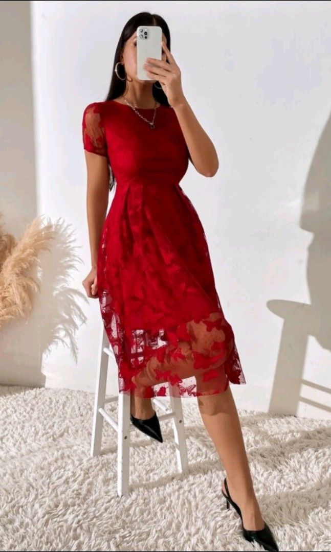 Red lace midi deals dress with sleeves
