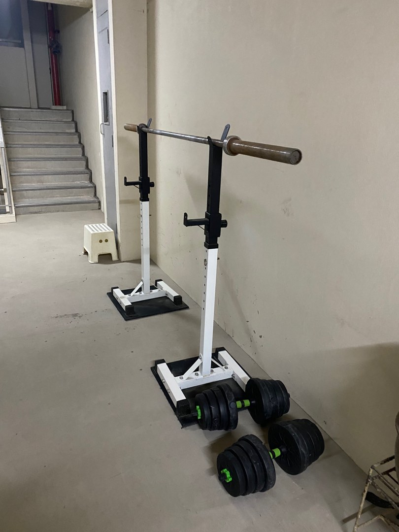 Squat rack with barbells and weights, Sports Equipment, Exercise