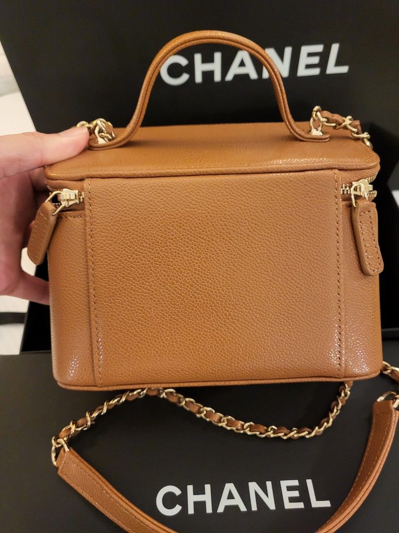 Super New latest! 23P Chanel mini vanity top handle in caramel brown  caviar!, Luxury, Bags & Wallets on Carousell