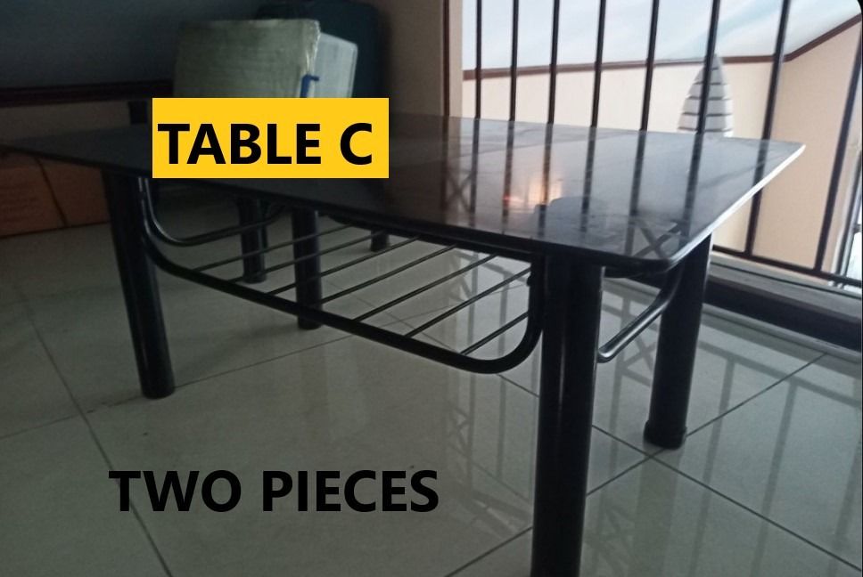 TABLES COFFEE TABLE SIDE TABLE FOR SALE (Category: Tables & Sets) located in Quezon City. Submitted by bigbluecheese (Listing ID 1212883889, Image 3). Description: FOR SALE: TABLES (USED) TABLE A 1 piece only 40 x 20 x 16 inches (height) Bronze glass, with visible glass chipping. RFS: Decluttering Price: P1500 . TABLE B 1 piece only 12 x 18 x 20.5 inches (height) Bronze glass, with visible glass chipping. Table foot rubber missing. RFS: Declutter