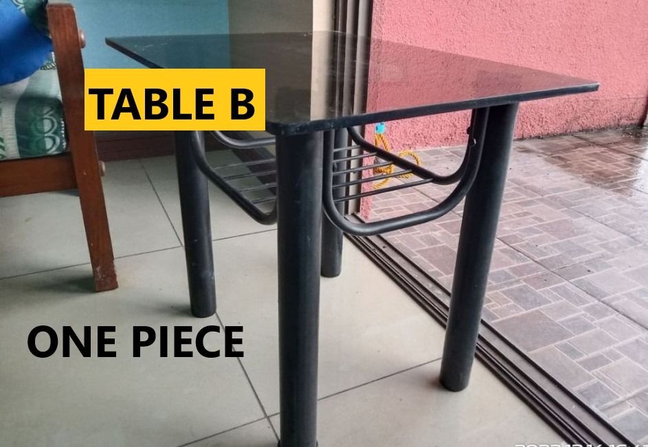 TABLES COFFEE TABLE SIDE TABLE FOR SALE (Category: Tables & Sets) located in Quezon City. Submitted by bigbluecheese (Listing ID 1212883889, Image 2). Description: FOR SALE: TABLES (USED) TABLE A 1 piece only 40 x 20 x 16 inches (height) Bronze glass, with visible glass chipping. RFS: Decluttering Price: P1500 . TABLE B 1 piece only 12 x 18 x 20.5 inches (height) Bronze glass, with visible glass chipping. Table foot rubber missing. RFS: Declutter
