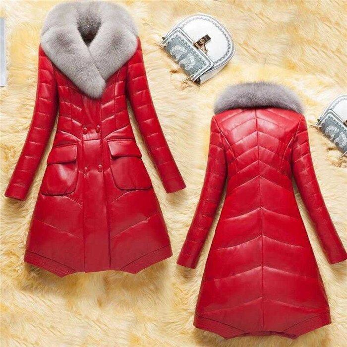 Red long discount leather coat
