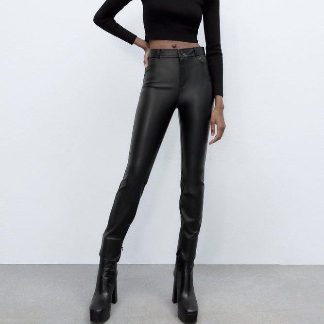 Zara Faux Leather High waisted pants with Zip hem, Women's Fashion