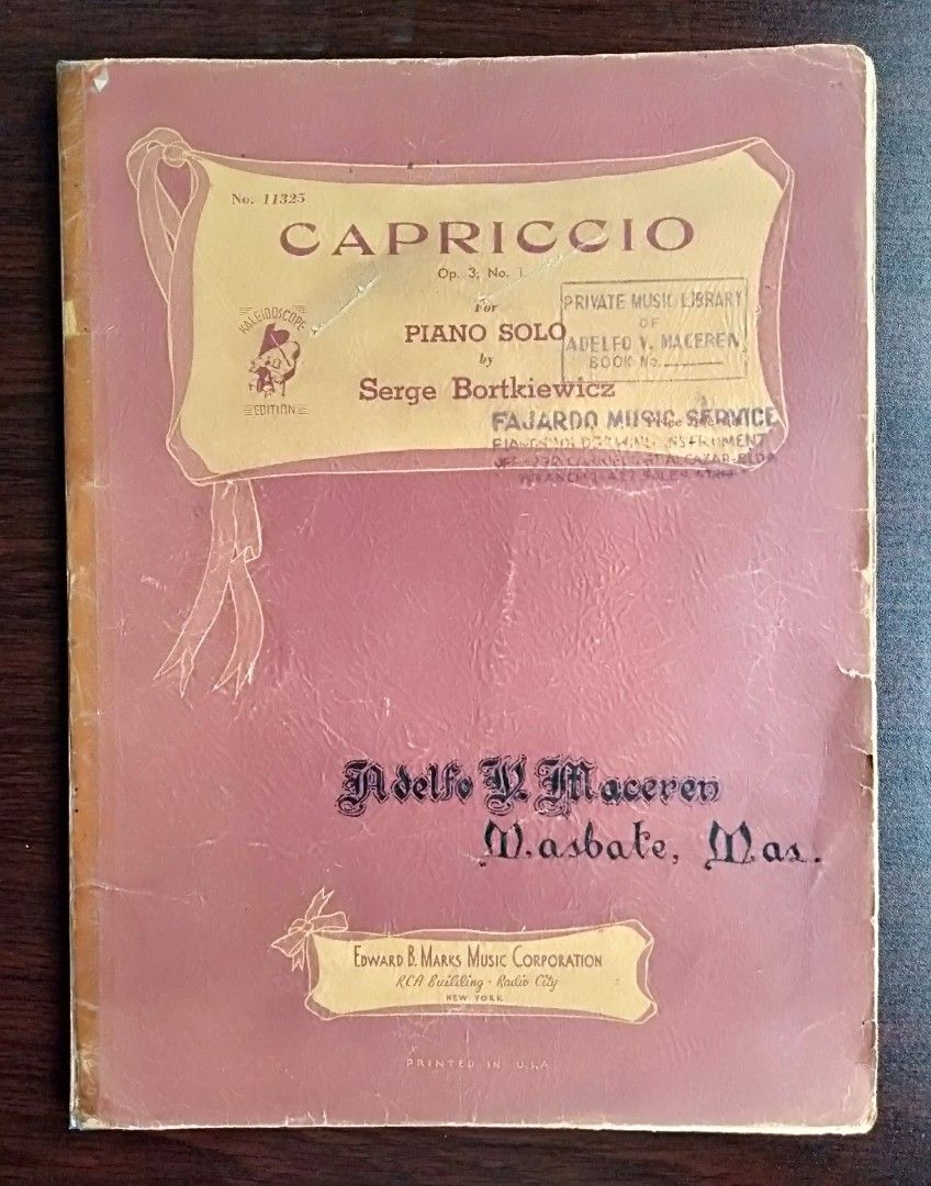 1941 SERGE BORTKIEWICZ (Category: Musical Instruments) located in Paranaque City. Submitted by carson2023 (Listing ID 1216363326, Image 1). Description: SERGE BORTKIEWICZ CAPRICCIO Op. 3 No. 1 For Piano Solo No. 11325 Published 1941 by: Edward B. Marks Music Corp. CONDITION; In Fair Vintage Condition (Collectible Item) Message me for Inquiries.