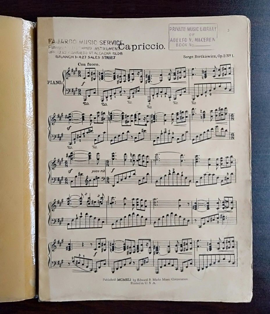 1941 SERGE BORTKIEWICZ (Category: Musical Instruments) located in Paranaque City. Submitted by carson2023 (Listing ID 1216363326, Image 2). Description: SERGE BORTKIEWICZ CAPRICCIO Op. 3 No. 1 For Piano Solo No. 11325 Published 1941 by: Edward B. Marks Music Corp. CONDITION; In Fair Vintage Condition (Collectible Item) Message me for Inquiries.