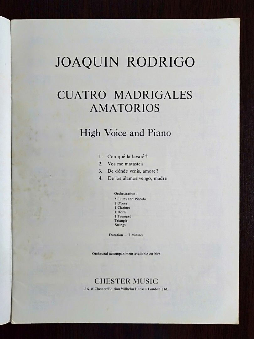 1965 JOAQUIN RODRIGO Cuatro Madrigales Amatorios (For High Voice