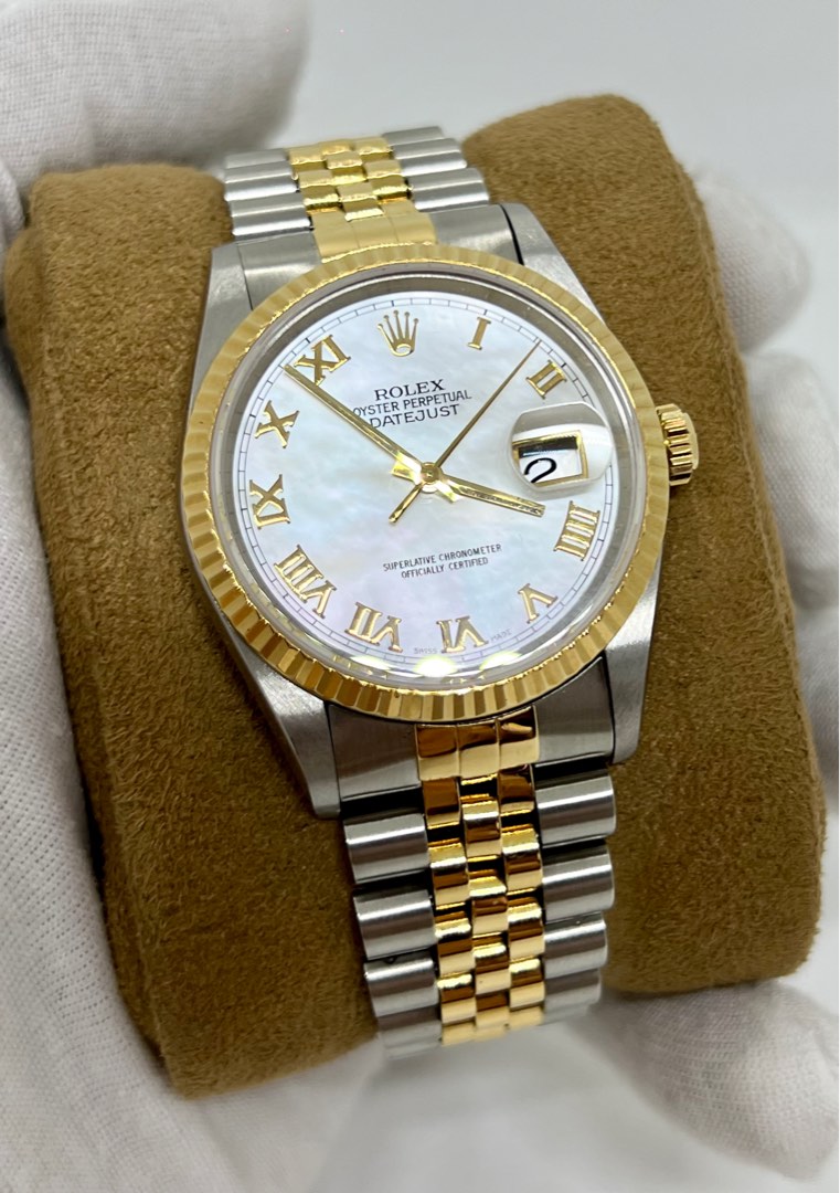 1996 Rolex Datejust Mother Of Pearl Roman Dial 18ct Gold Fluted Bezel ...