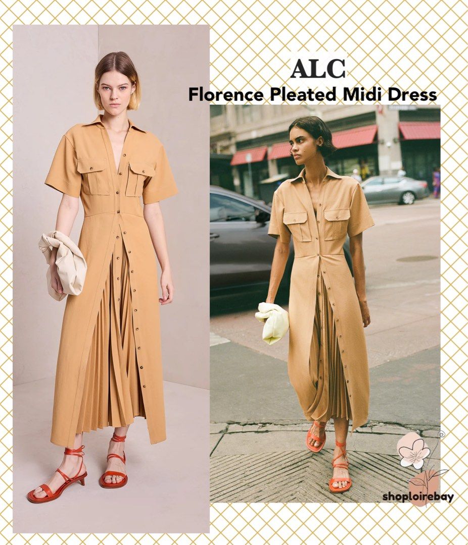 ALC Florence pleated midi dress beige brown Women s Fashion