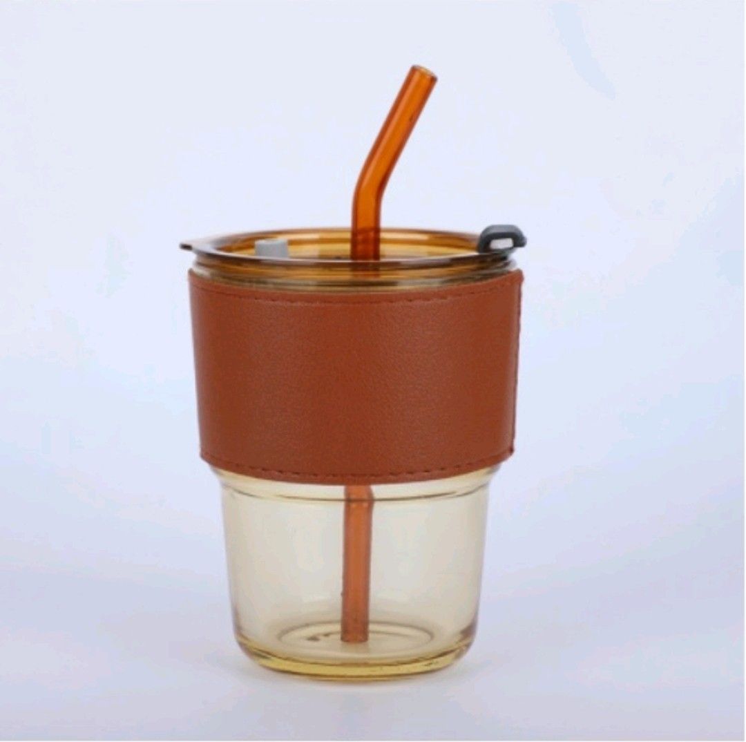 Amber Glass Mug with straw, Everything Else on Carousell