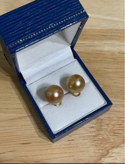 (SALE ONLY FOR TODAY)Authentic Deep Golden Southsea Pearls 12.5mm 14k Yellow Gold Earrings