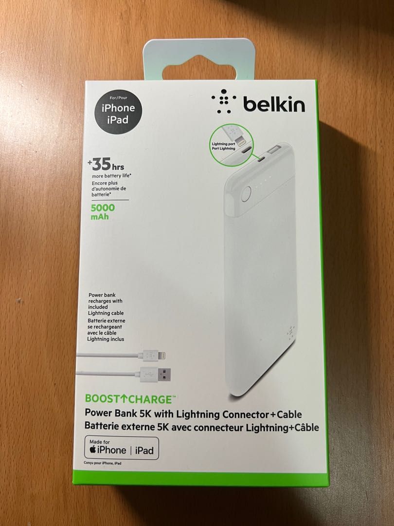 Belkin power bank 5k with lightning connector +cable, 手提電話, 電話＆平板電腦配件