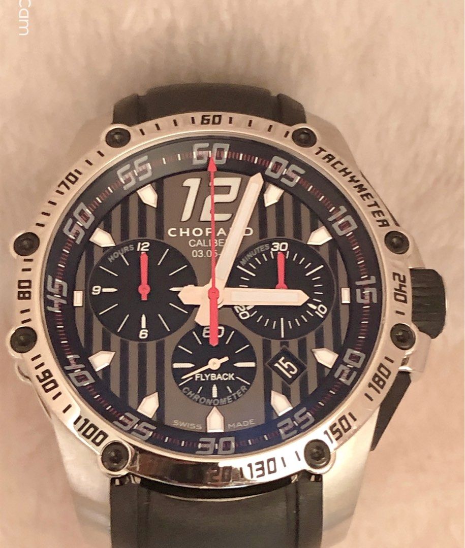 Chopard Racing Chrono Superfast Flyback (Category: Watches) located in Singapore. Submitted by clo8181 (Listing ID 1216331034, Image 2). Description: Reference 168535-3001 Rubber Bracelet, Black Dial SS Bezel & Case 45mm Diameter Power Reserve- 60 hours 45 Jewels Water Resistance- 10ATM Sapphire Glass Tachymeter scale Bezel Automatic Movement 03.05M Calibre movement Black Dial Hours, Minutes, small seconds, date, Stopping Functions with FlyBack D