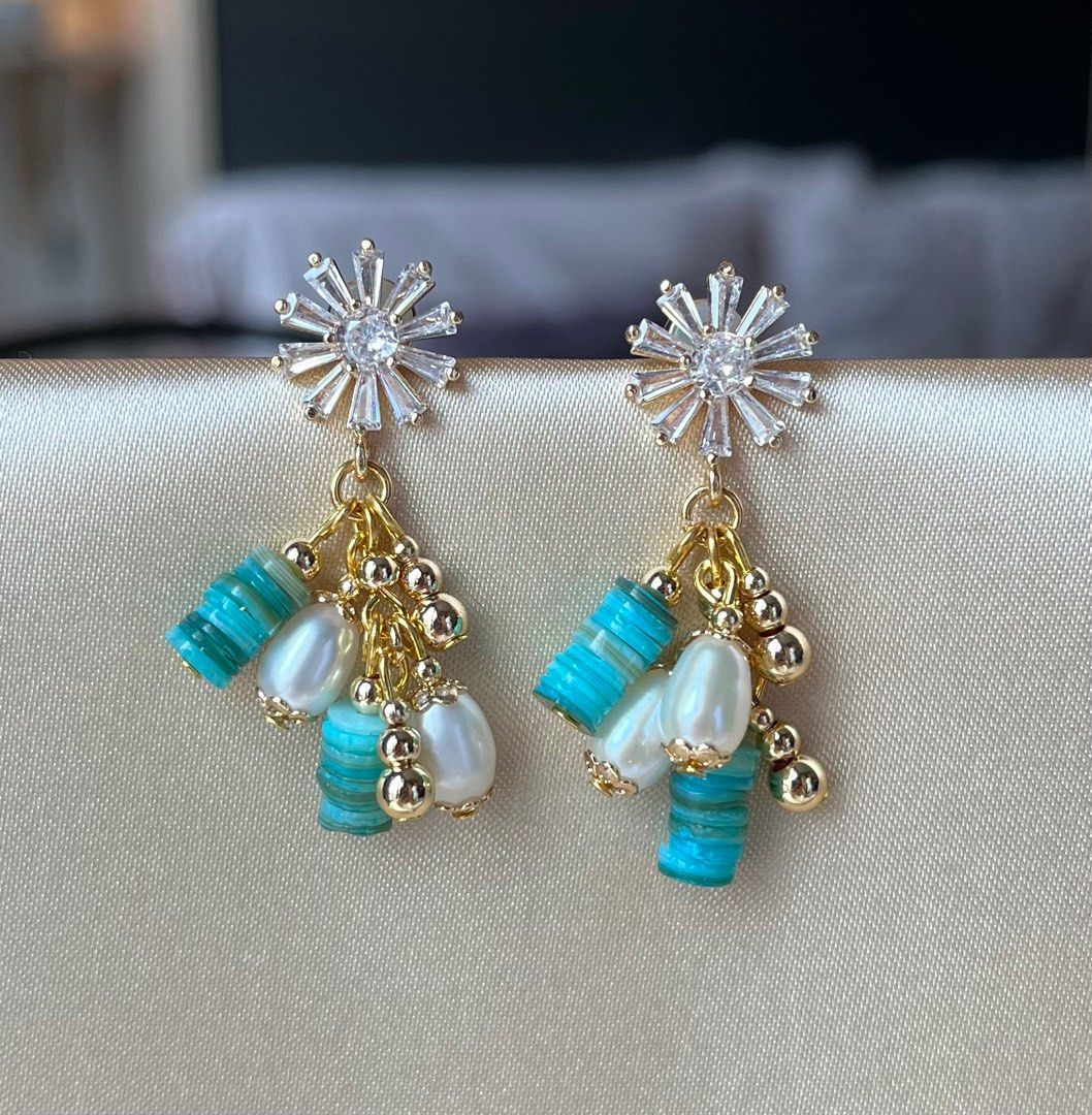 Dainty and Elegant 14K 24K Gold Plated and Gold Filled Freshwater Pearl Shell Earrings White Gold and Turquoise Blue