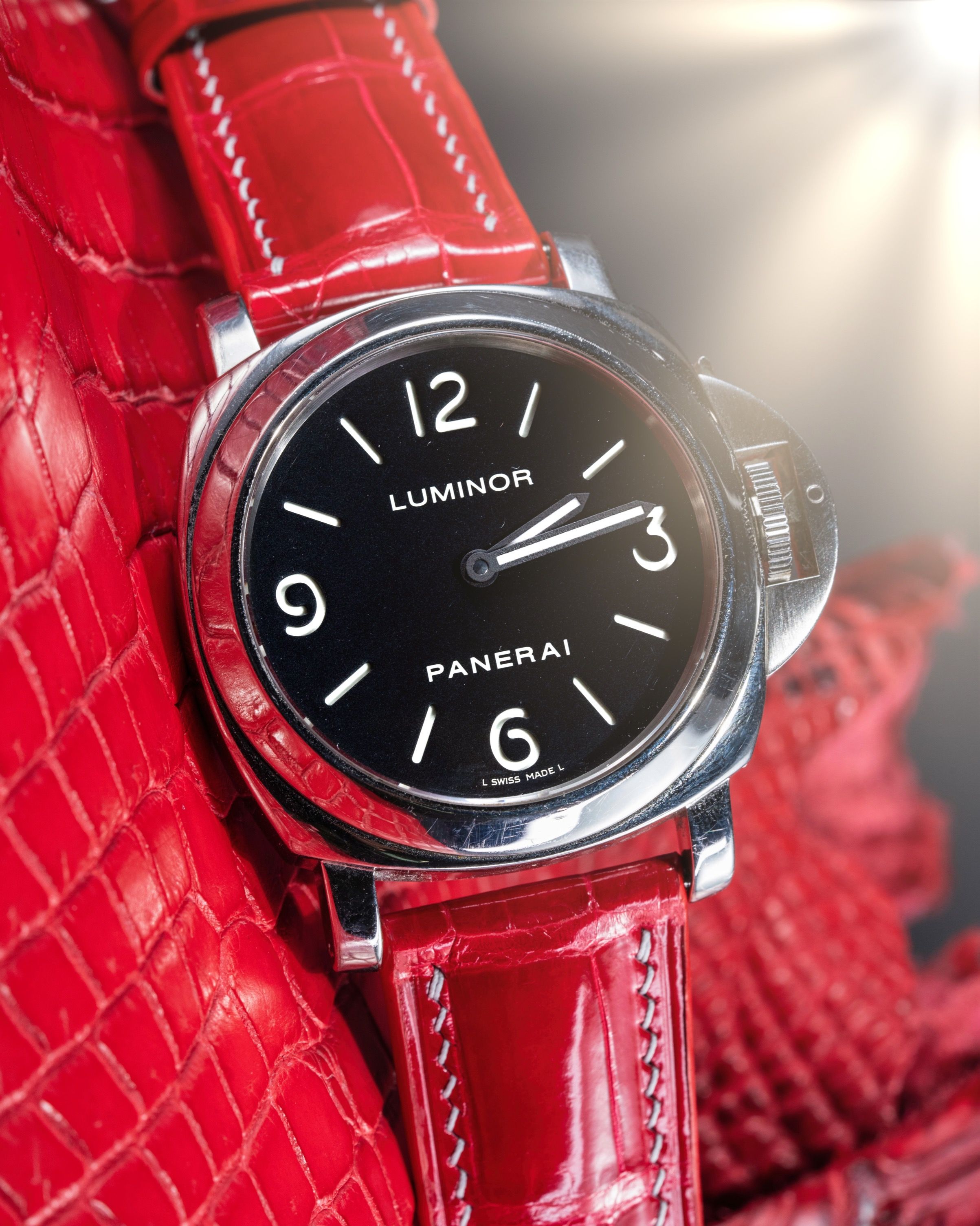 Handmade Hand stitched Watch Strap in Ferrari Red Crocodile Leather For Client s Panerai Luminor Watch