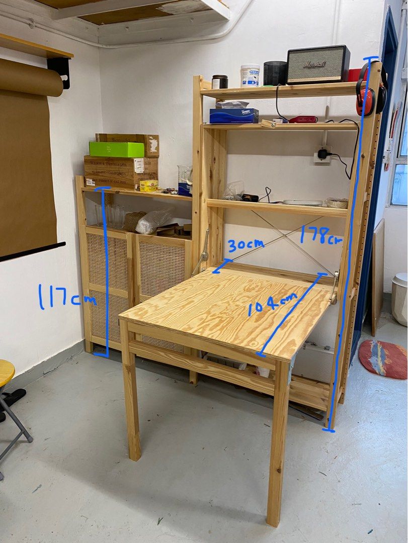 IKEA IVAR Shelving Unit with foldable table + rattan doors, 傢俬＆家居, 傢俬