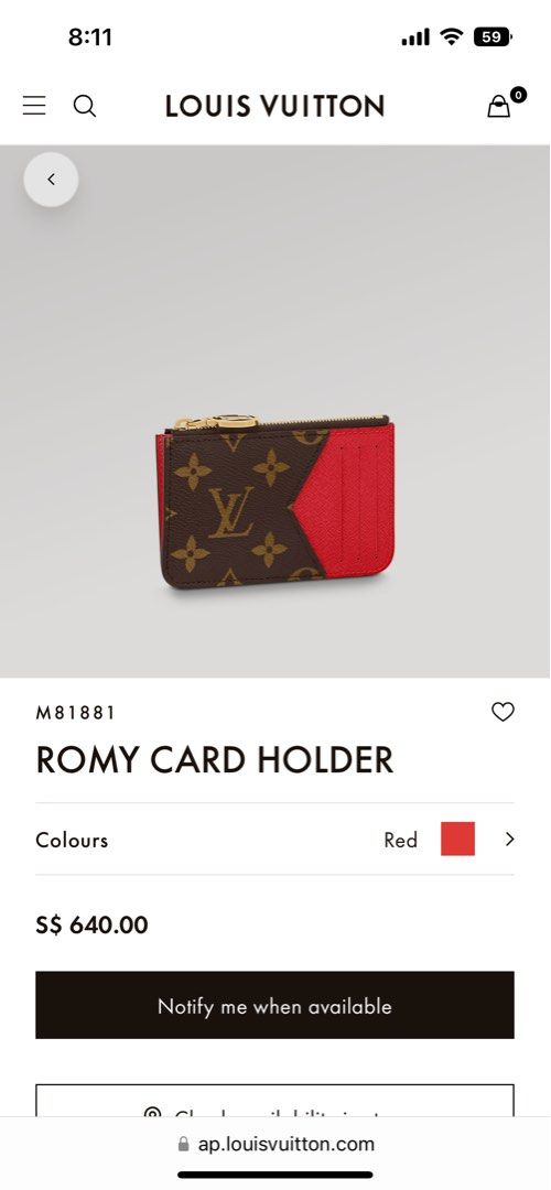 LOUIS VUITTON Monogram Zipped Romy Card Holder Red 1196605