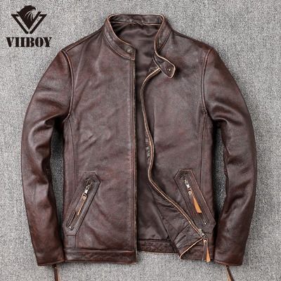 Men s Classic Casual Stand Collar Genuine Leather Coat