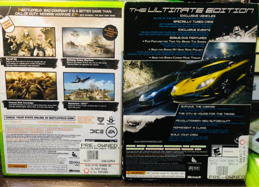 Need for speed carbon battlefield bad company 2 bundle (Category: Xbox) located in Bacoor. Submitted by stuffwars_ph (Listing ID 1216371352, Image 2). Description: FIXED 800 for 2 games Need gor speed carbon collectors edition In best condish NTSC Meet up loc: mci, palico lumina mall, Shipping transactions Grab lalamove LBC or JRS shouldered by customer For inquiries, pm or contact 09357618762.