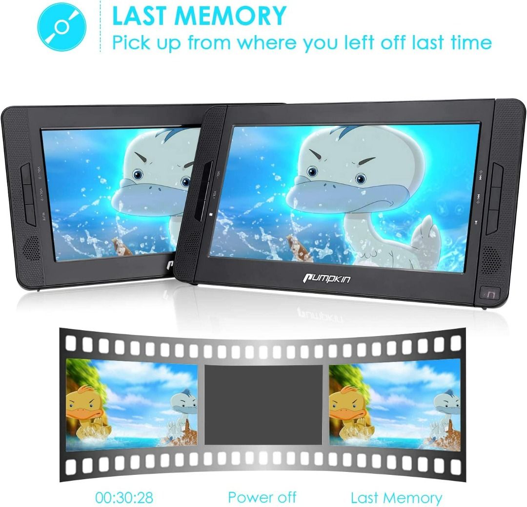 PUMPKIN 10.1" Dual Screen Portable DVD Player for Kids Built in 5 Hours