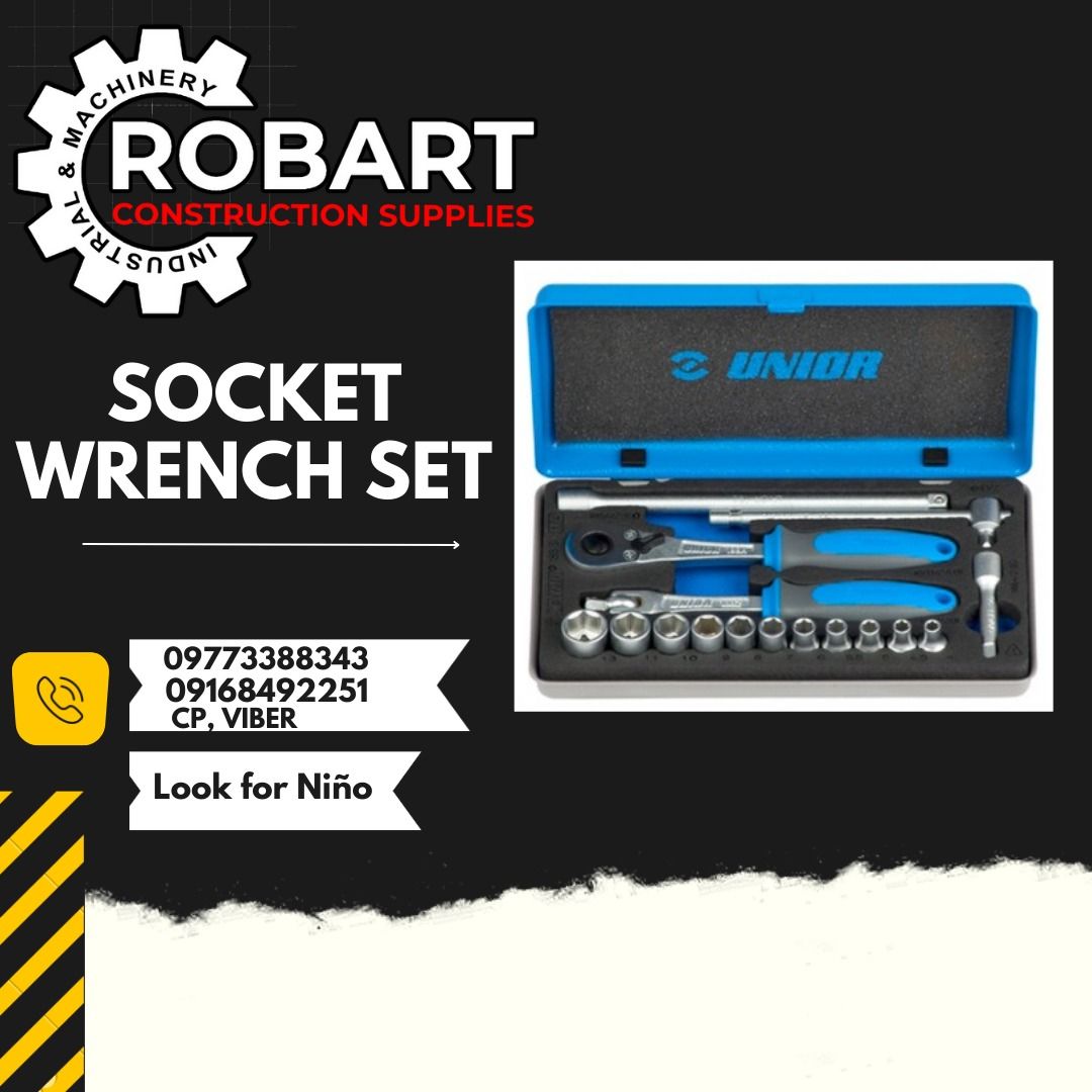 SOCKET WRENCH SET (Category: Construction Tools & Equipment) located in Manila. Submitted by ninoparede24925 (Listing ID 1216288010, Image 1). Description: SOCKET WRENCH SET 1/4" Square Drive 4 - 13mm ( 16 PCS/SET ) Consist of:Socket wrench 4, 4.5, 5, 5.5, 6, 7, 8, 9, 10, 11, 13mm Ratchet handle,Flex. handle, Sliding tee, Ext. bar long & short. Brand:UNIOR - - for faster transaction: look for:Niño Paredes call/text/viber:09168492251 :09773388343 