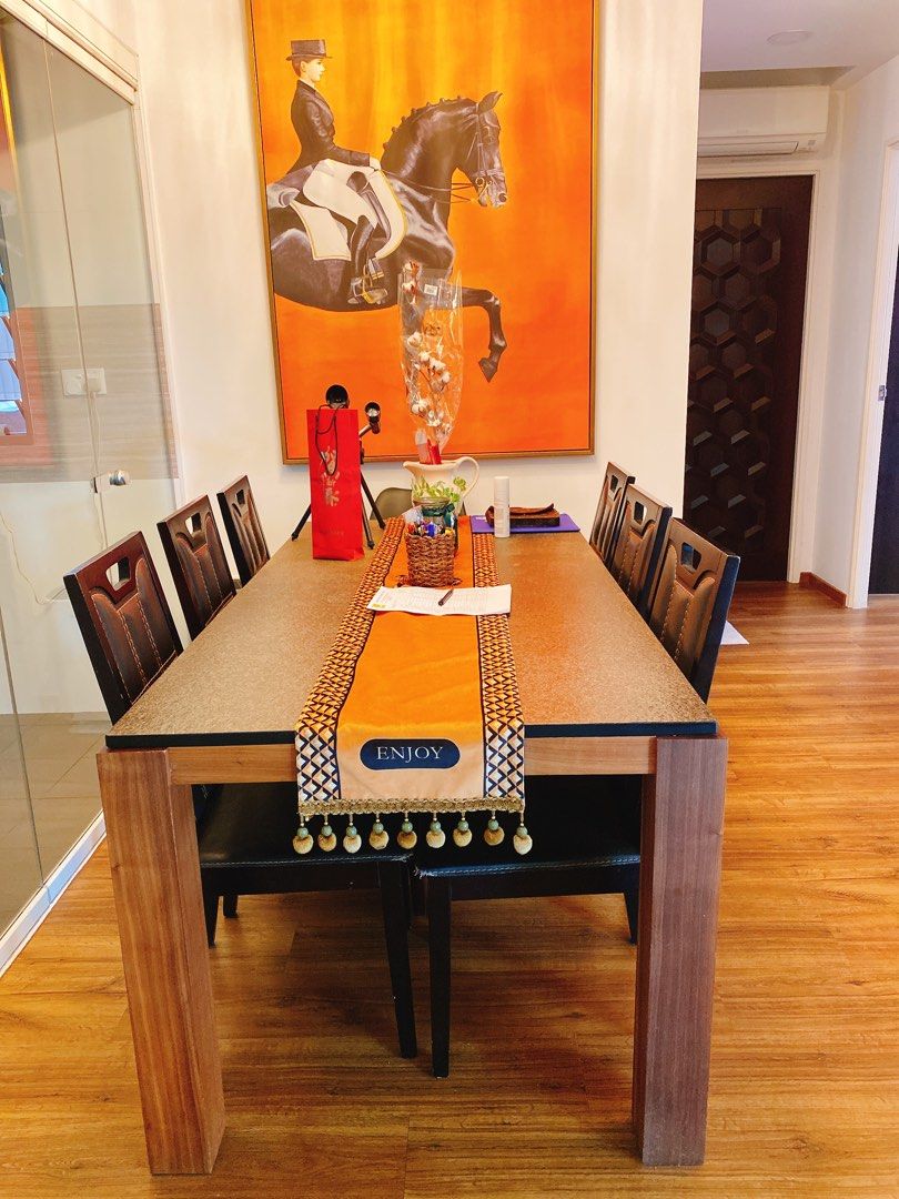 Solid wooden and marble top dining table, Furniture & Home Living