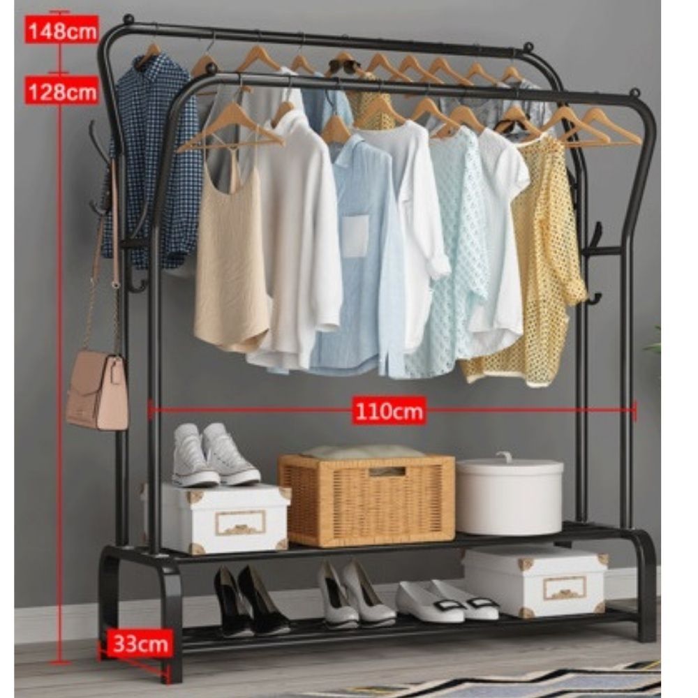 Sturdy Strengthen Steel Pipe Clothes Rack 110cm Black Double Pole and ...