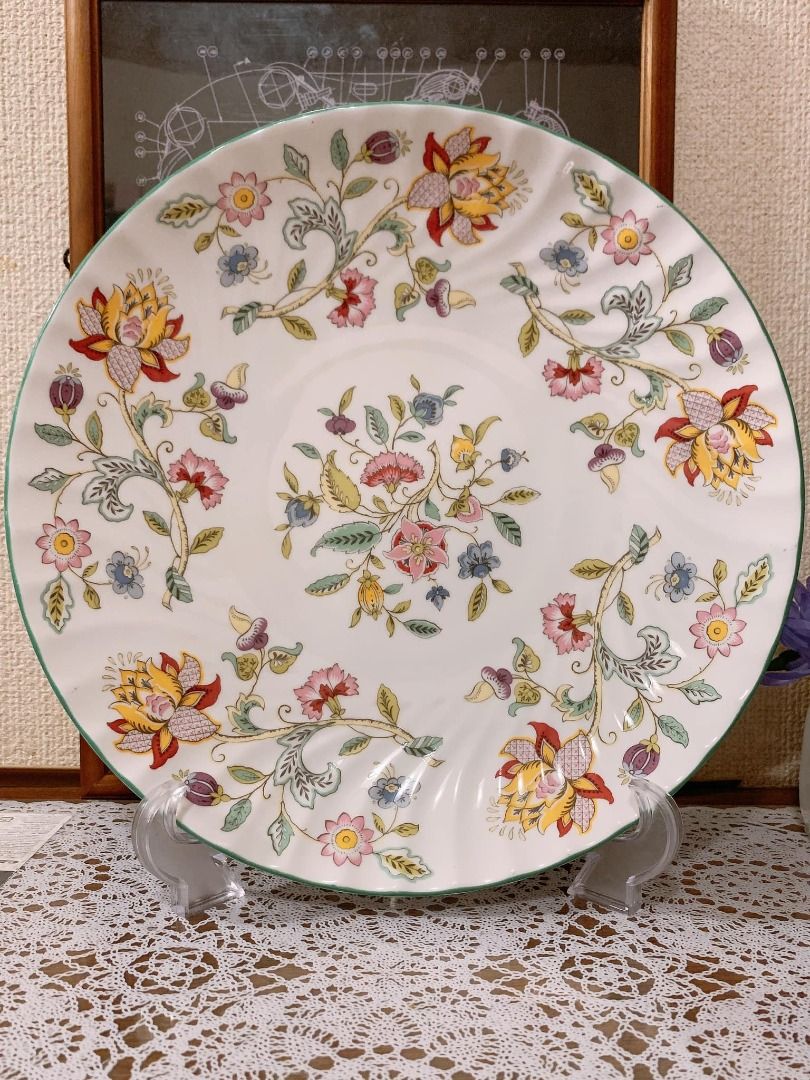 Vintage MINTON England Haddon Hall Flowers Pattern Green Rim Bone China