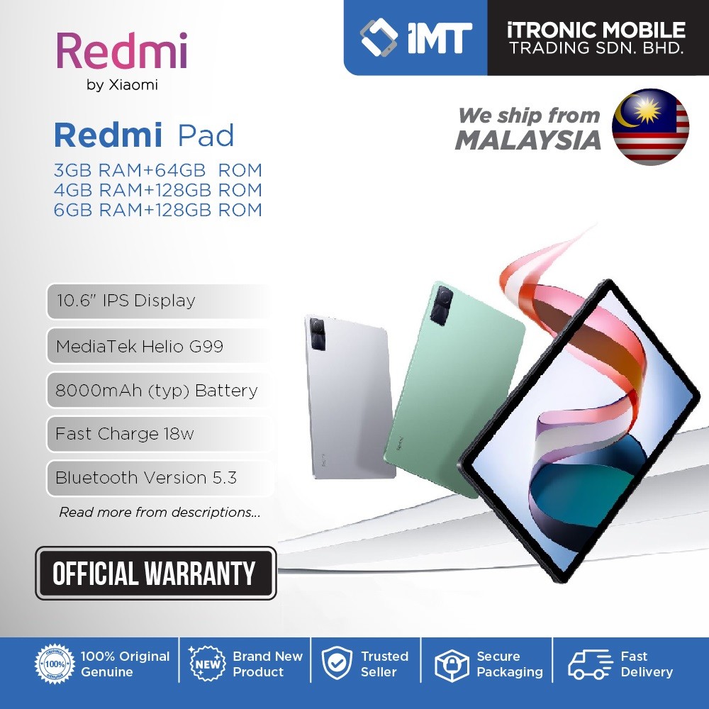 Xiaomi Redmi Pad WiFi Tablet, 10.61 IPS Display, MediaTek Helio G99, 8000mAh Battery, 8MP Rear Camera
